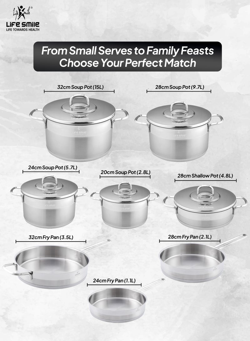 Life Smile 18/10 Stainless Steel Cookware Set with Induction Bottom – 20 /24/28/32cm Soup Pots with Lid, 28cm Shallow Pot), 24/28/32cm Fry Pans – Oven Safe - Image 3